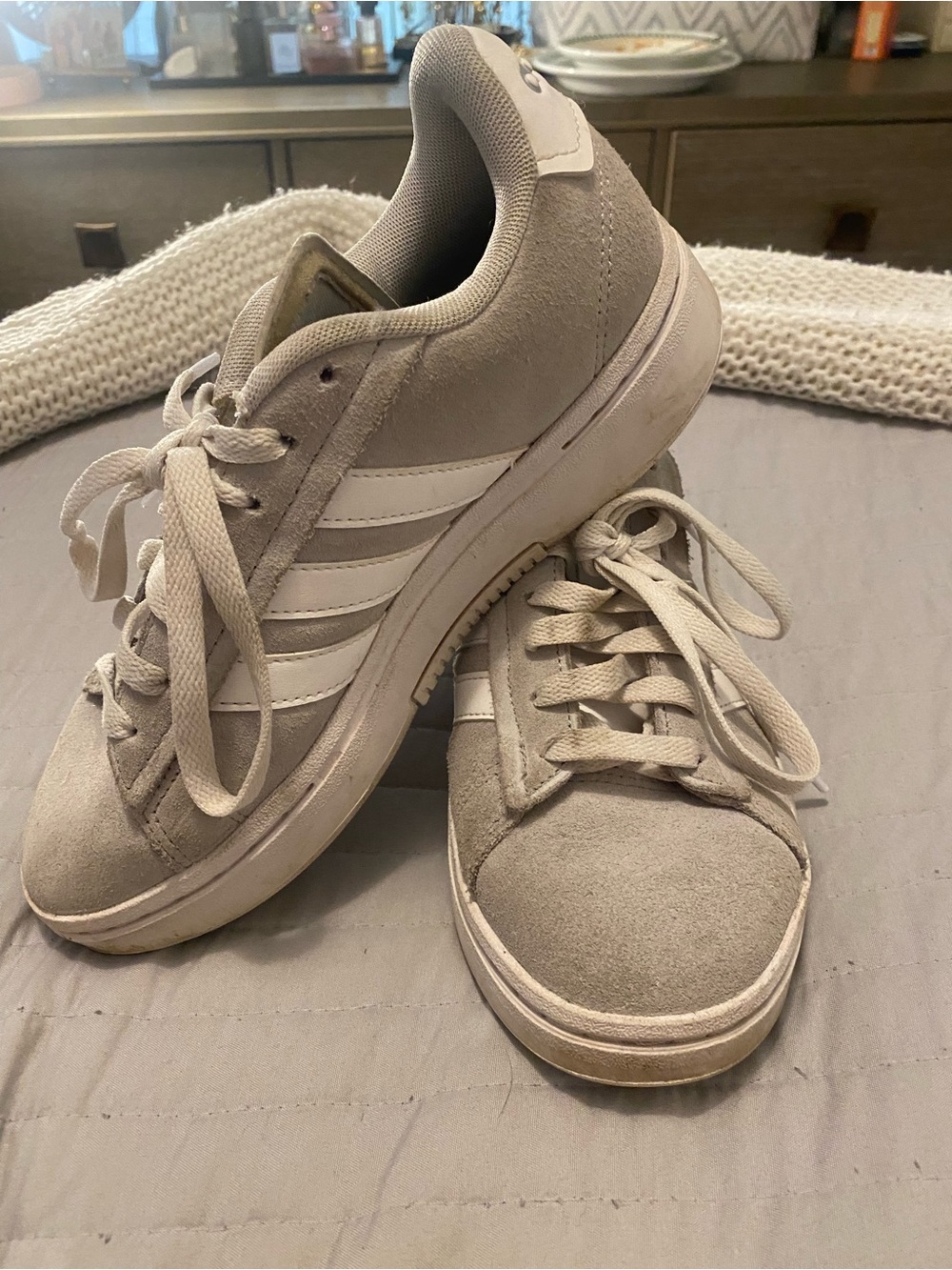 adidas Suede Low-Top Sneakers in Light Beige with White Stripes